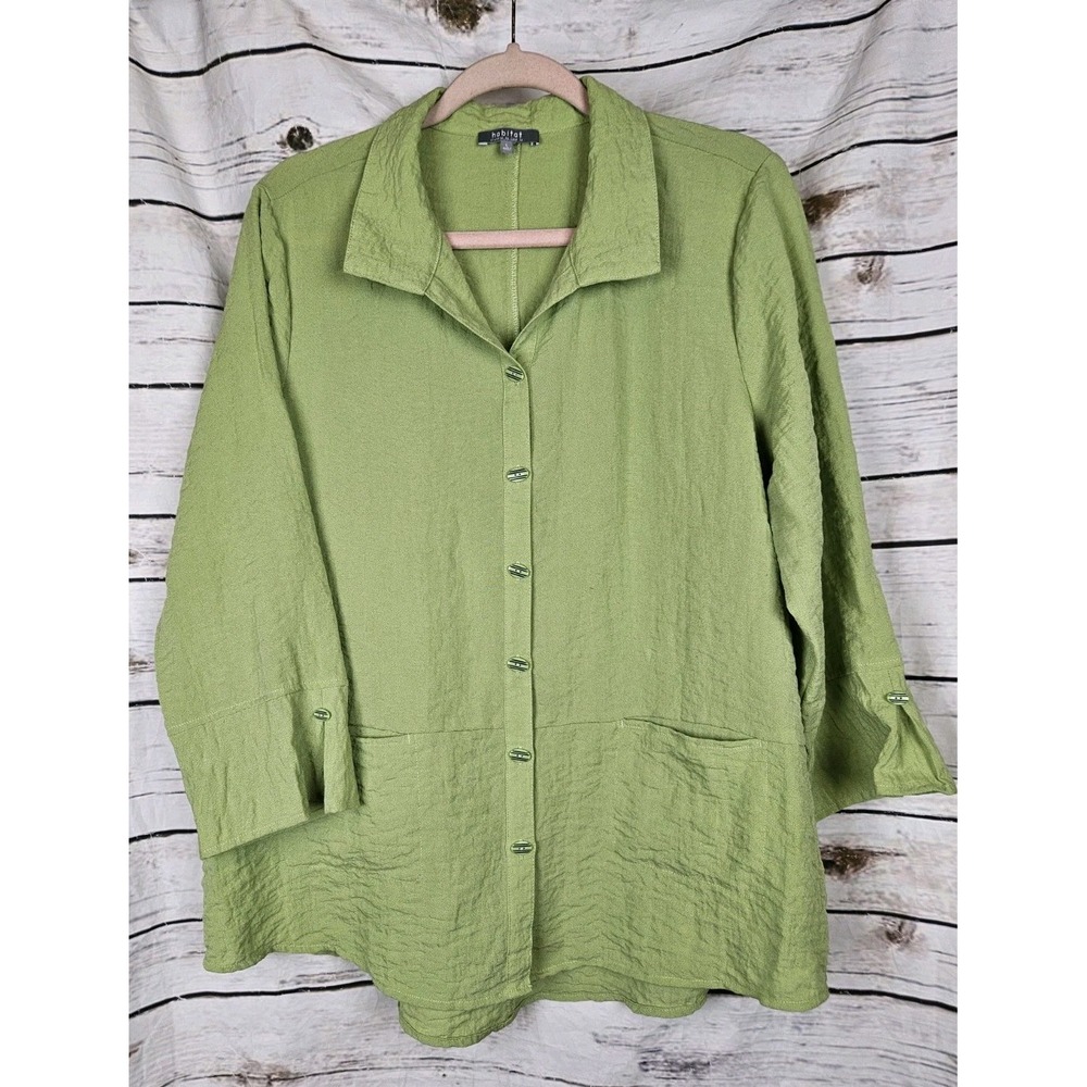 Habitat Clothes Green Button Top L Lagenlook Textured Rayon Blend Womens